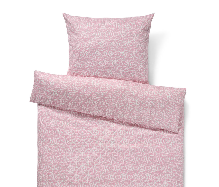 Rosa Baumwollsatin-Bettwäsche in Normalgröße mit geometrischem Muster.