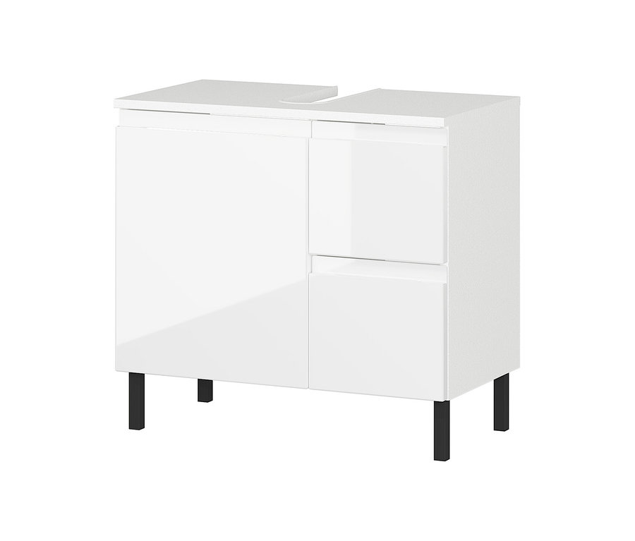 Weißer, kleiner Waschbeckenunterschrank »Salinas« mit schwarzen Füßen.