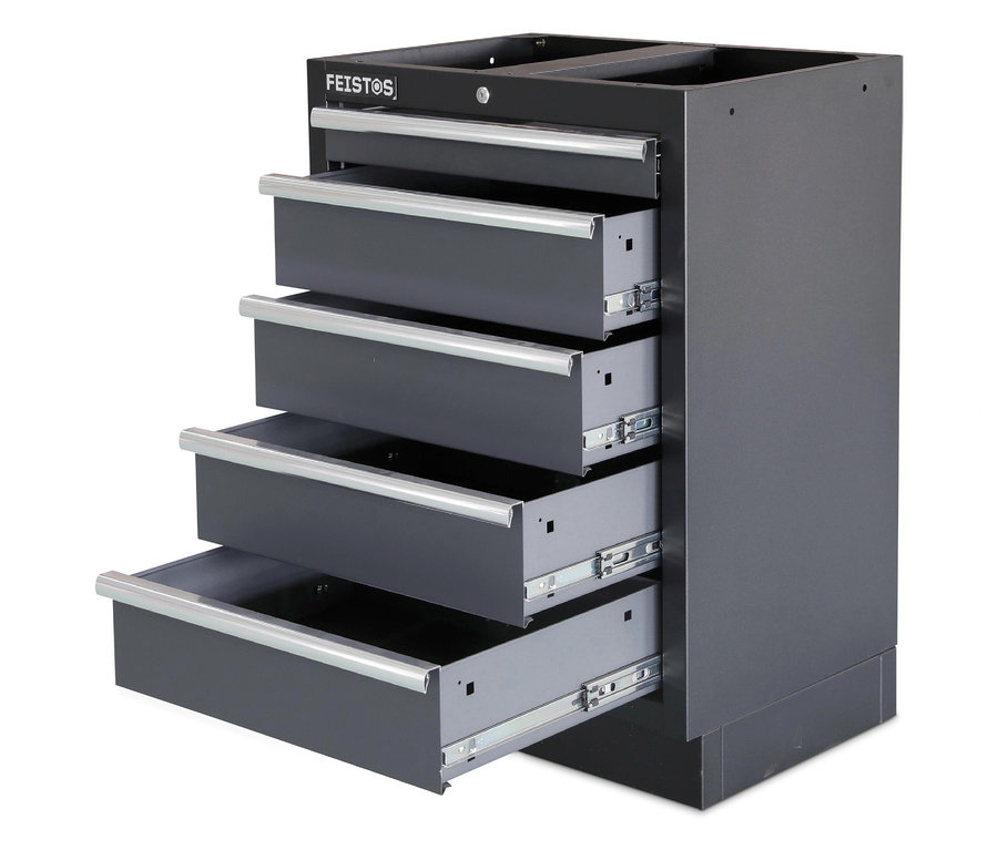 Ein FEISTOS Werkzeugschrank »Apollo 1« mit vier offenen Schubladen.