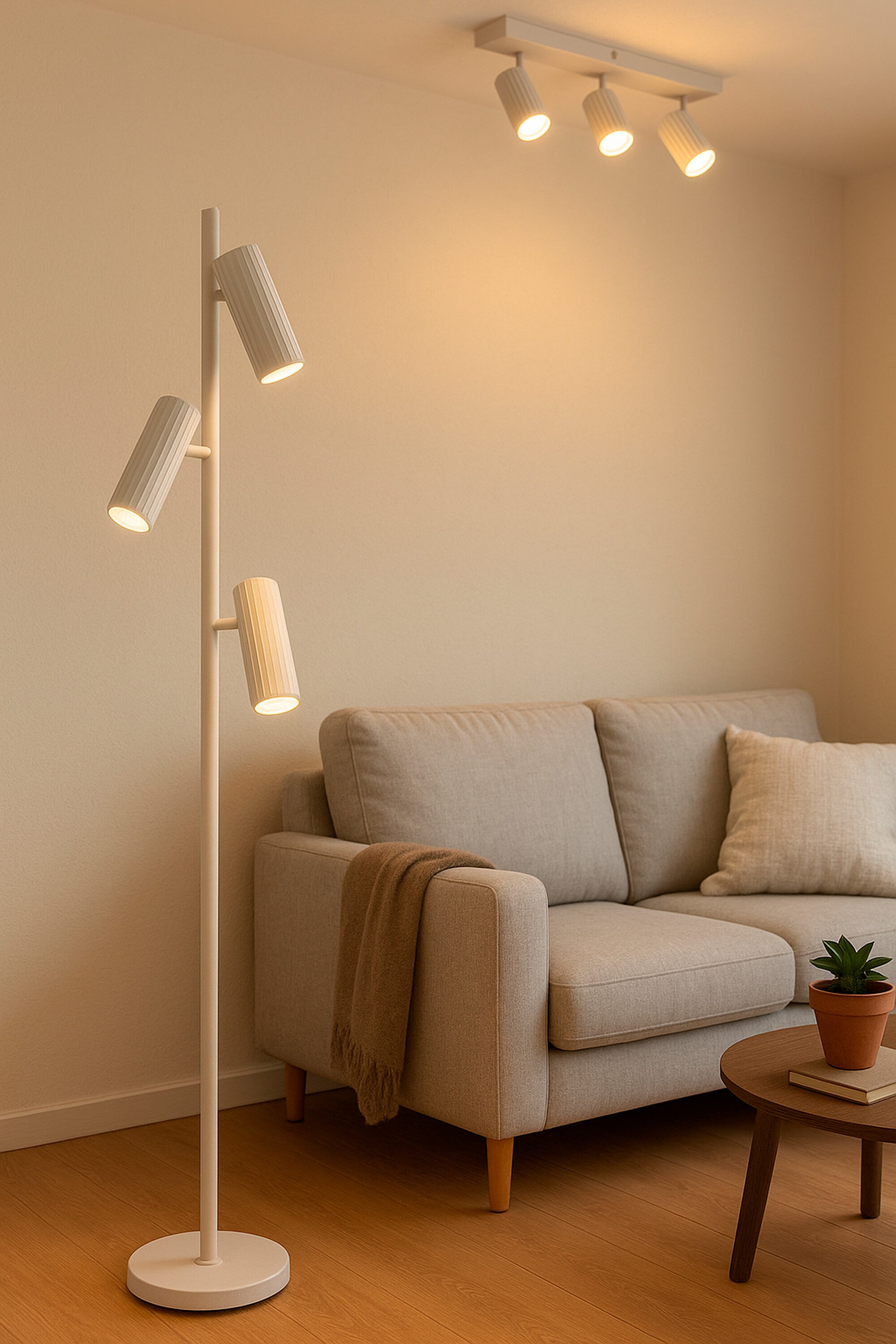 Wohnzimmer mit beigem Sofa, Couchtisch aus Holz und einer weißen Stehlampe mit drei Leuchten.