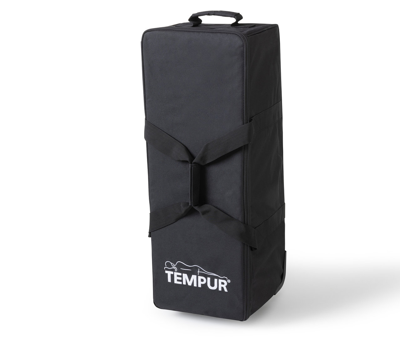Schwarze TEMPUR® Reiseset Tasche steht auf dem Boden.