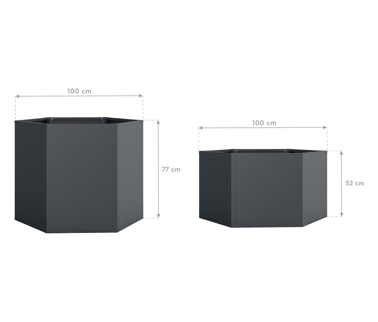 Zwei sechseckige, anthrazitfarbene Pflanzgefäße unterschiedlicher Größe mit Größenangaben in Zentimetern.