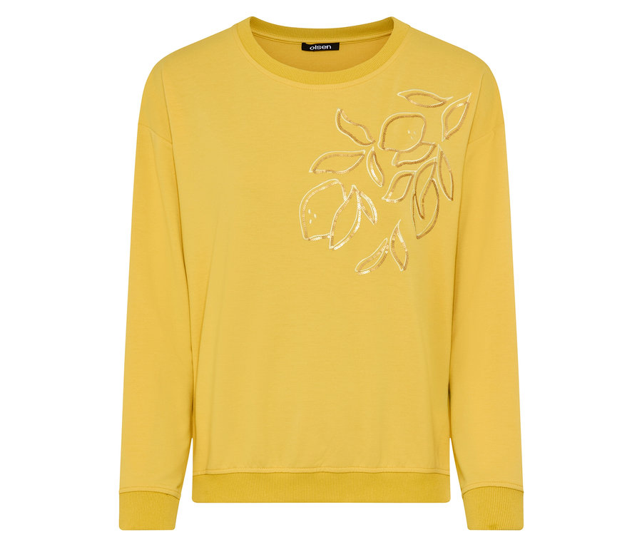 Gelbes Olsen Sweatshirt Long Sleeves mit Zitronen-Motiv vorne.