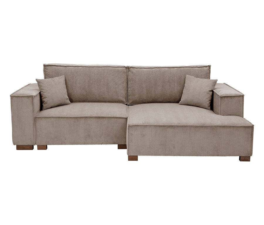 Beiges Cord-Ecksofa mit zwei Kissen auf Holzfüßen.