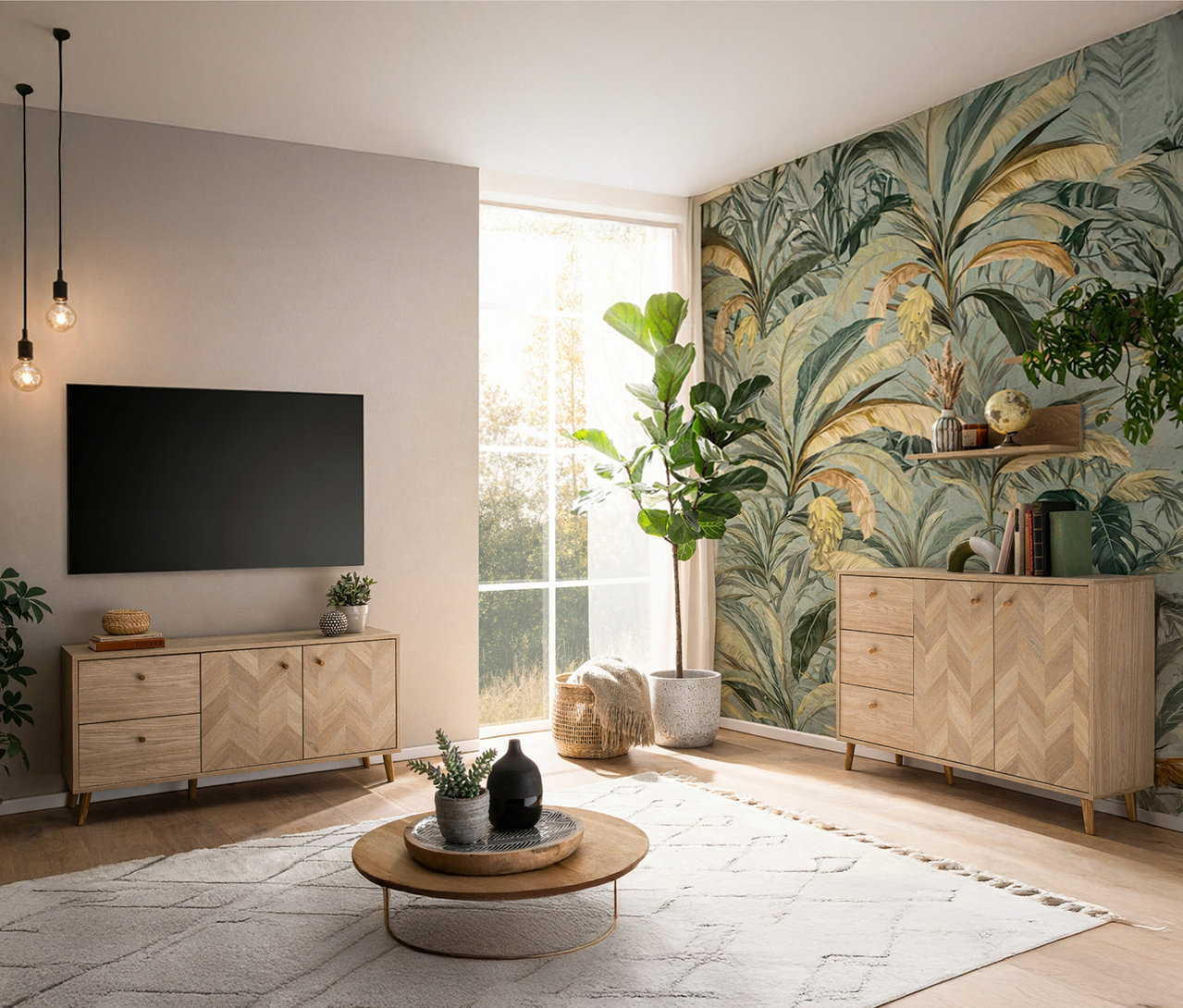 Wohnzimmer mit einem TV-Gerät über einem Sideboard mit Fischgrätenmuster, einem runden Couchtisch und einem Teppich. Zimmerpflanzen sind auch vorhanden.