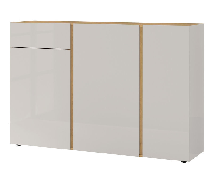 Ein weißes Sideboard mit Holzdetails und einer Schublade.
