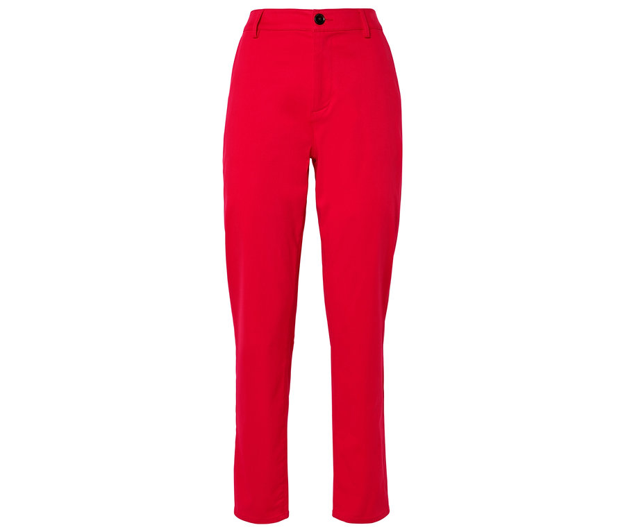 Rote, hoch taillierte Stoffhose mit Knopfverschluss.