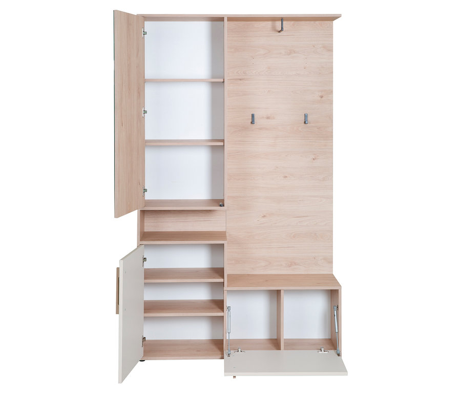 Die weiße Roba Kompaktgarderobe »Entry« mit offenen Türen zeigt Regale, Haken und Stauraum.