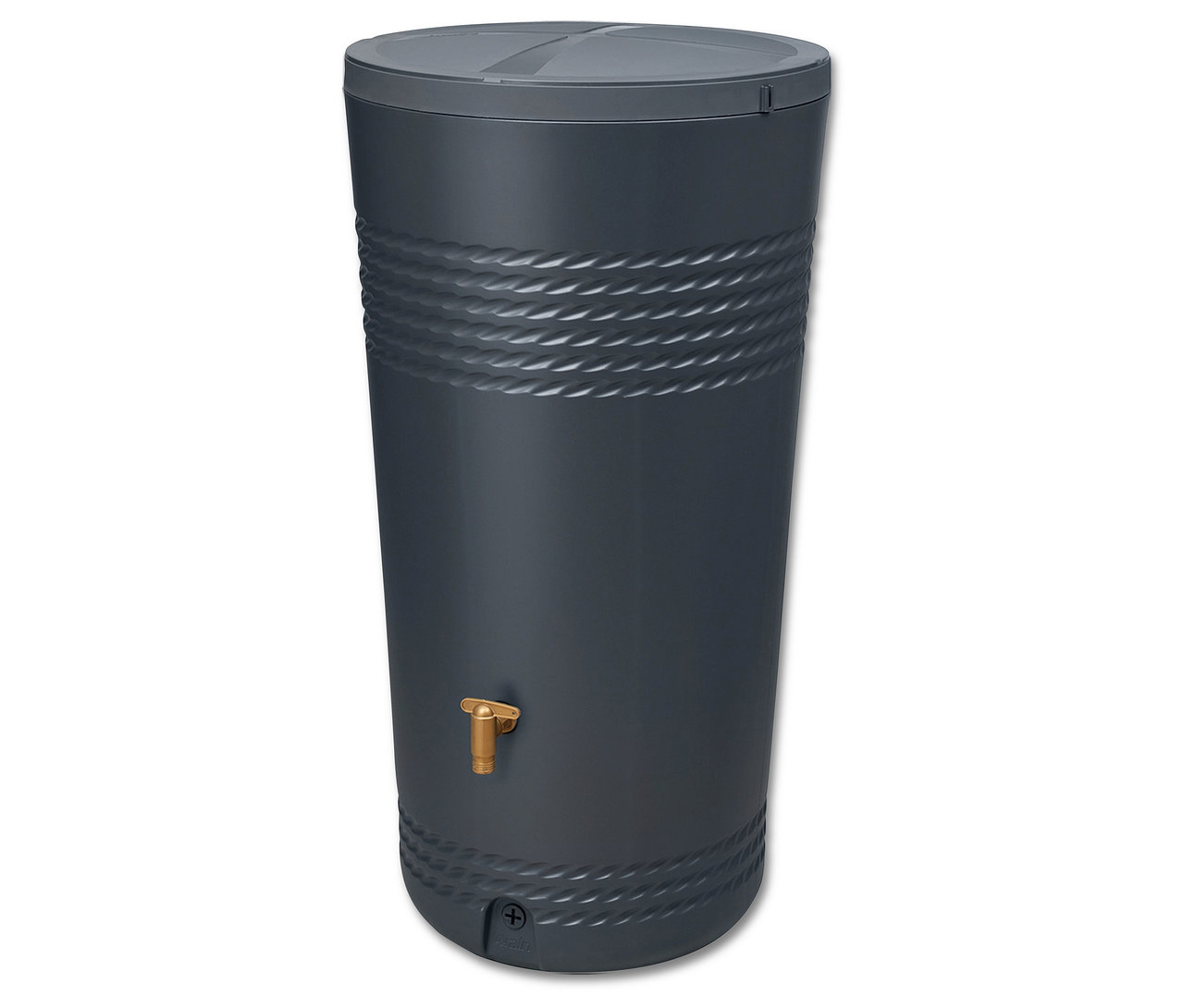 Grauer GARANTIA Regenspeicher, ca. 230 l, Komplett-Set mit goldenem Wasserhahn an der Seite.