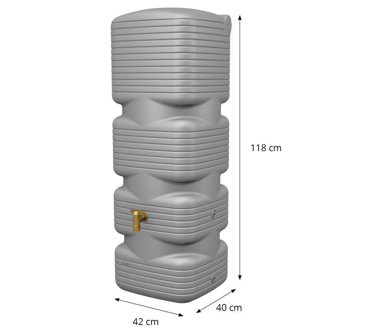 Grauer, gestufter Wassertank mit goldenem Hahn und Maßangaben von 118 cm Höhe, 42 cm und 40 cm Breite.