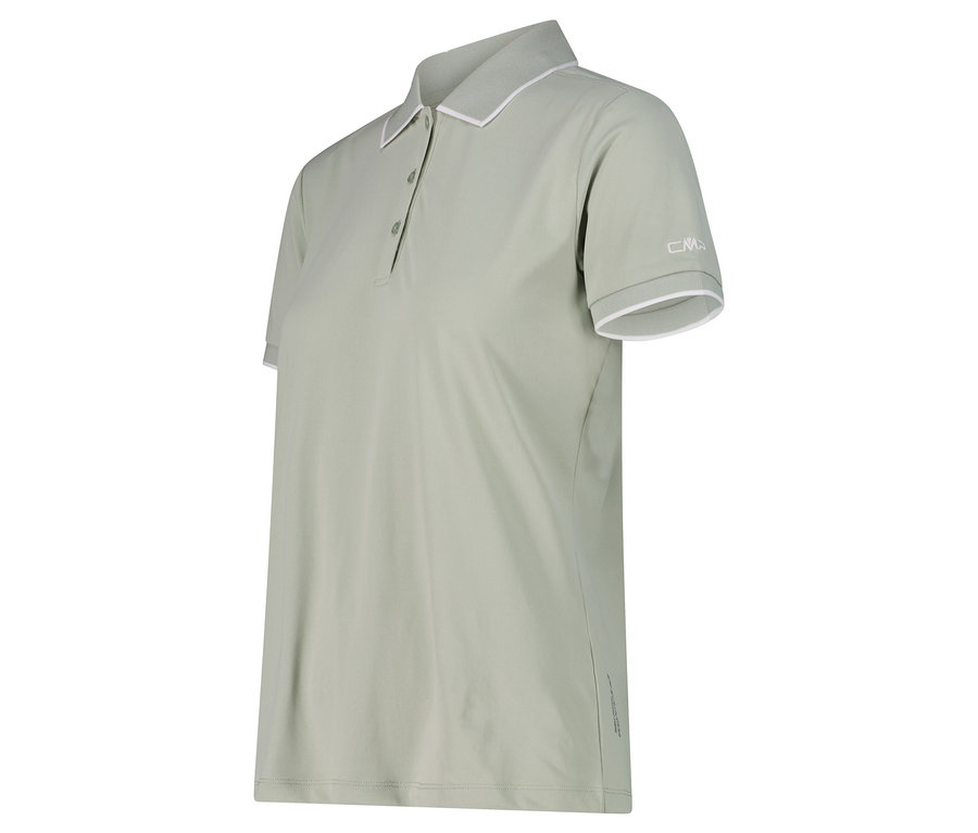 Ein hellgrünes Poloshirt mit weißen Akzenten an Kragen und Ärmeln.