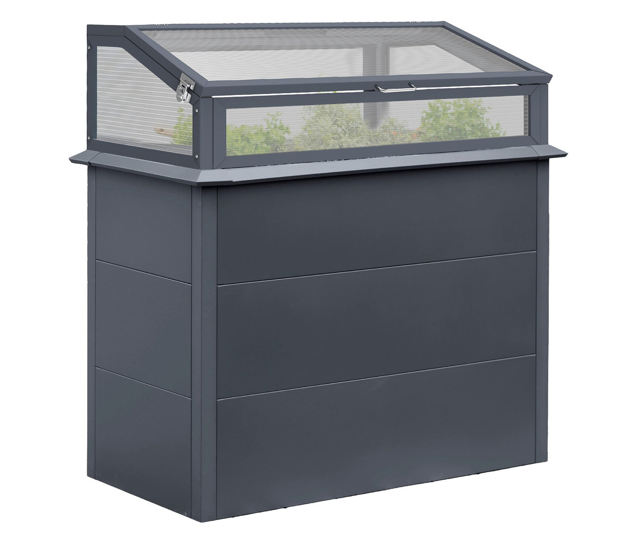 Anthrazitfarbener Hochbeet Schneckenschutz mit Frühbeetaufsatz und Metall-Hochbeet mit Stauraum und Aufsatz.