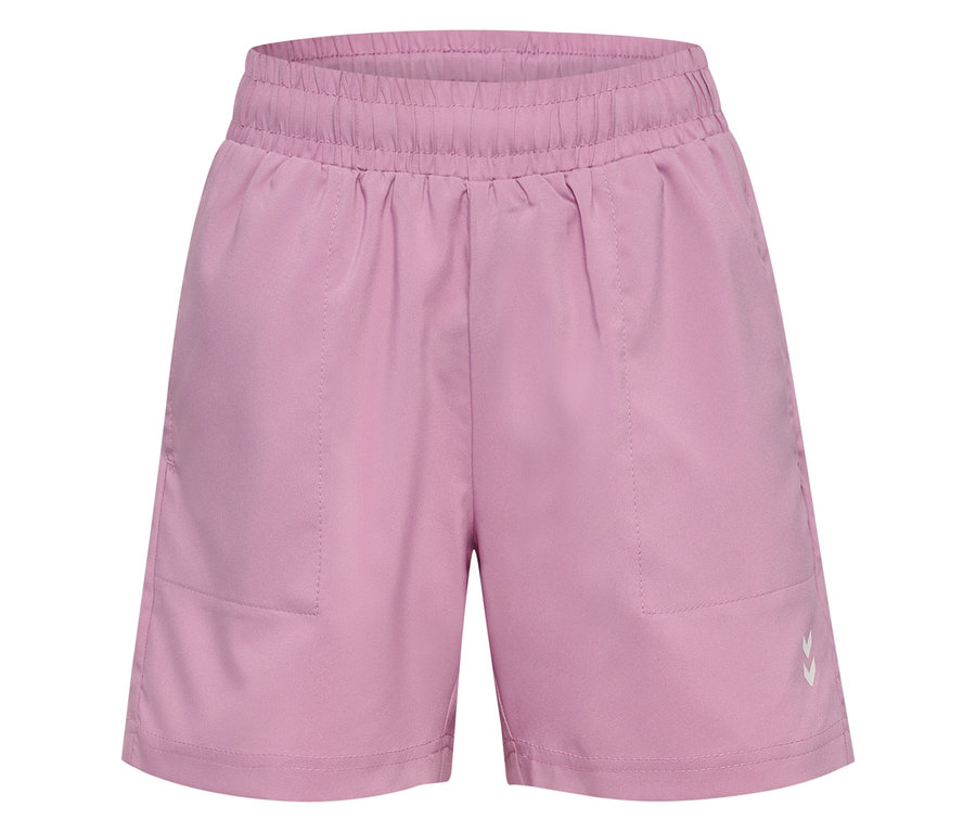 Nahaufnahme der HUMMEL HMLJR Pulse Workout Shorts in Lavendel mit Gummibund und kleinem, weißen Logo.