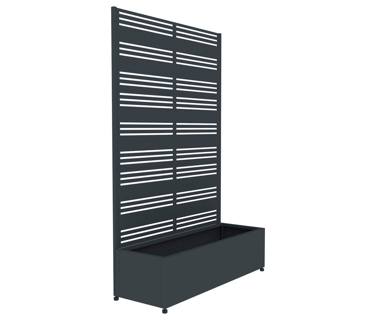 Dunkelgrauer Pflanzkasten mit Sichtschutzwand mit horizontalen Schlitzen.