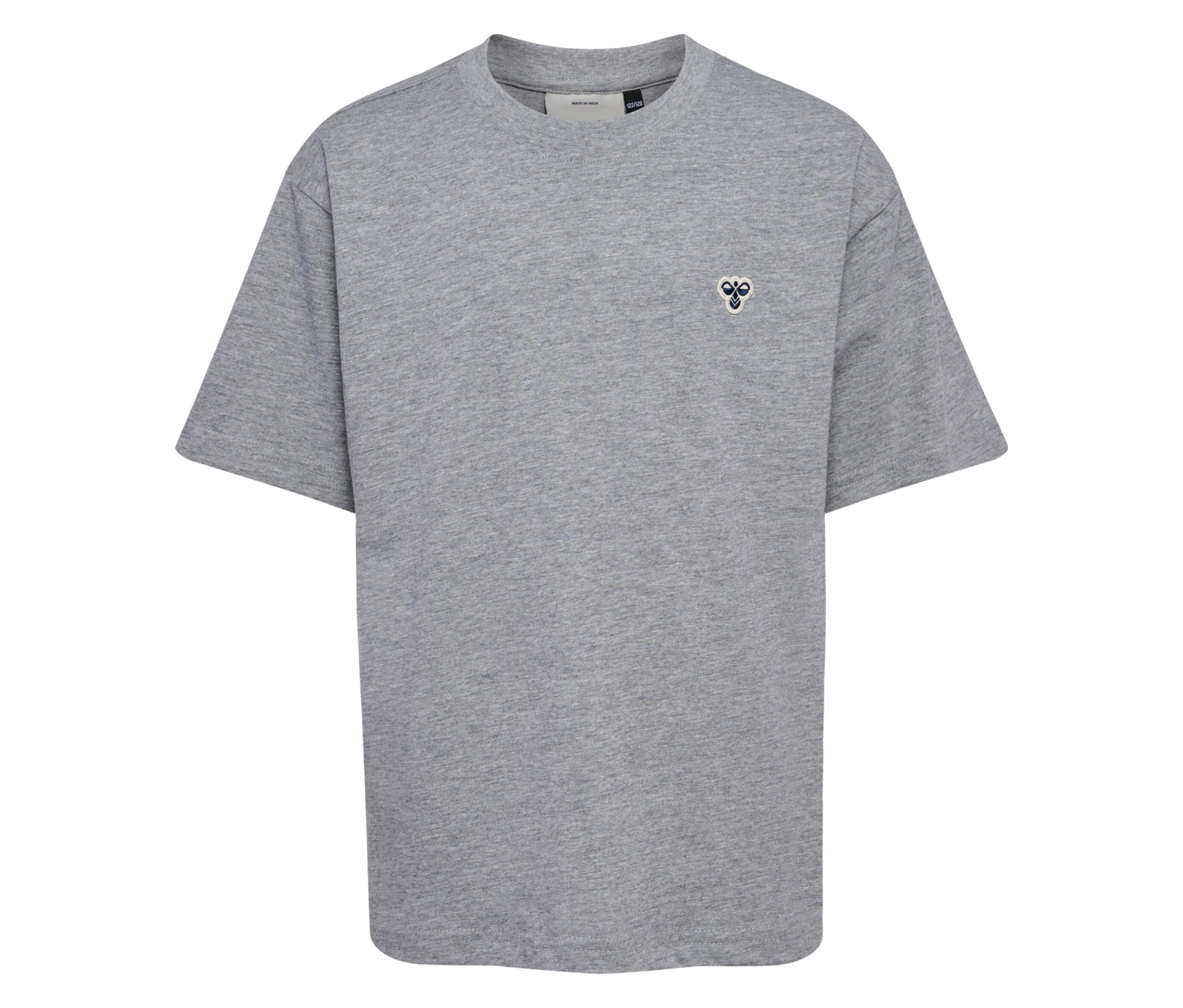 Graues, kurzärmeliges hummel® HMLJR Loose T-Shirt mit kleinem Logo auf der Brust.