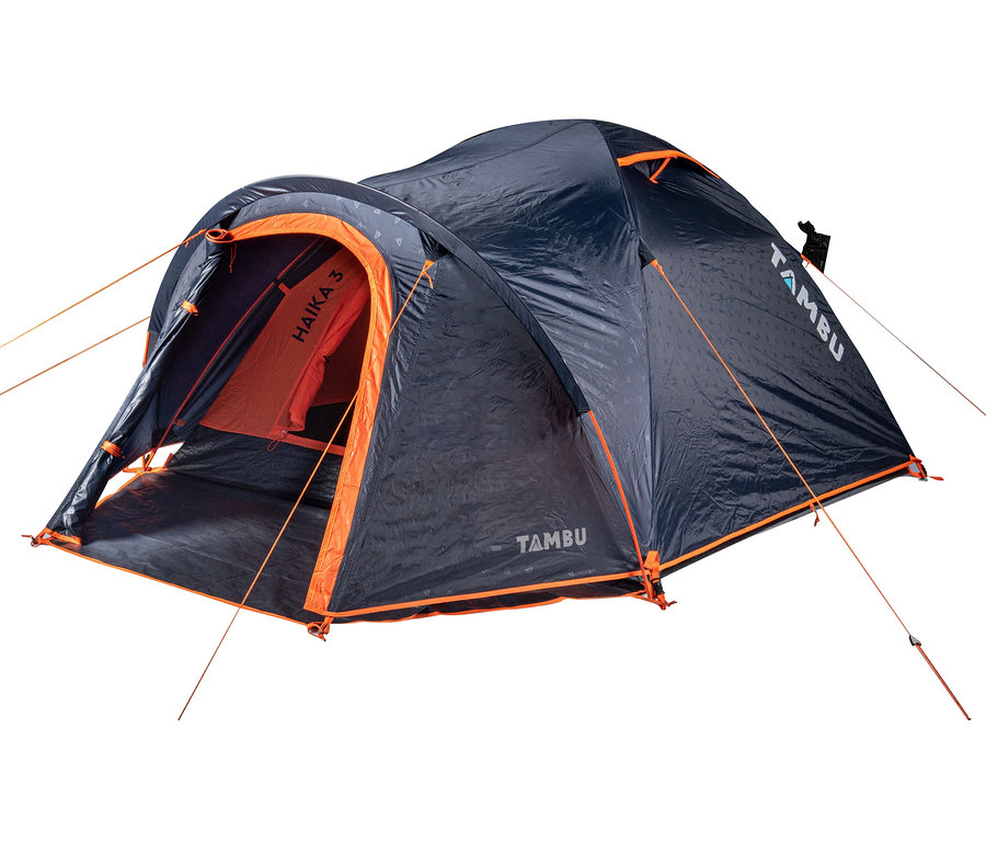Dunkelblaues Tambu »HAIKA 3« 3 Personen Kuppelzelt mit orangefarbenen Akzenten.