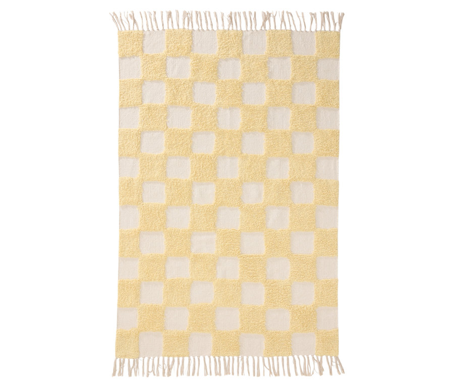 Gelb-weißer Teppich mit Schachbrettmuster und Fransen an den Enden.