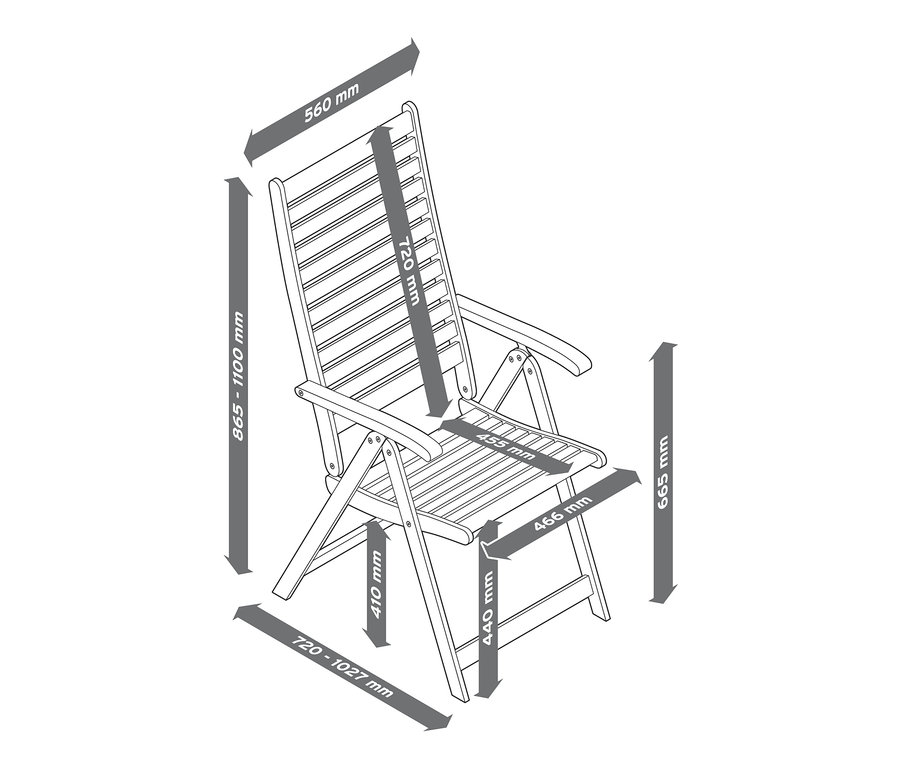 Abbildung eines 6-fach verstellbaren Hochlehners mit Massangaben.