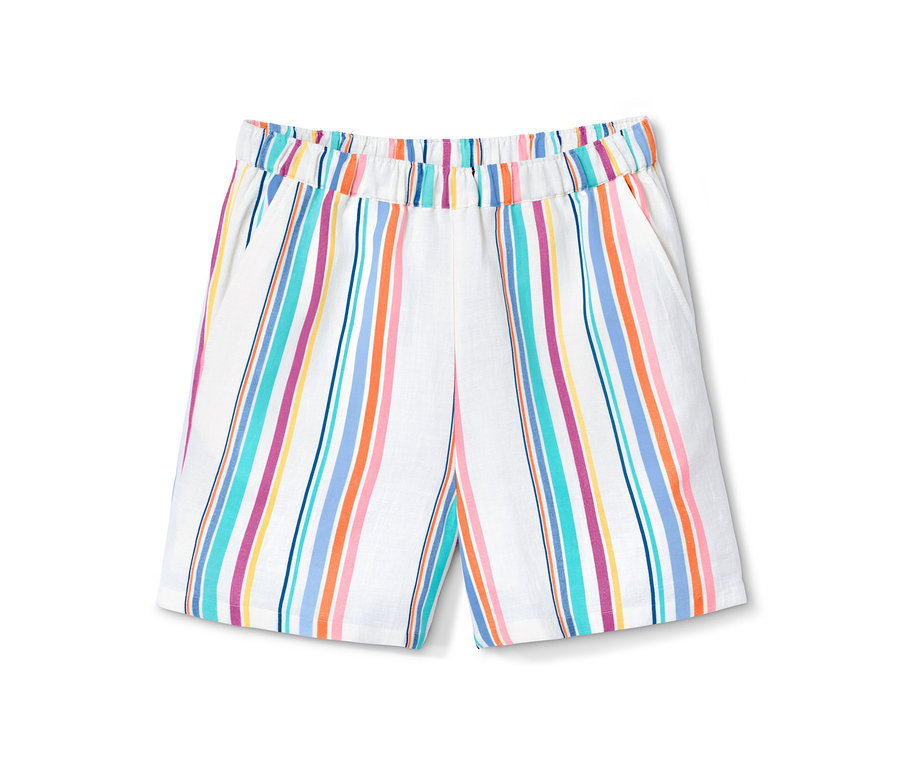 Weiße Web-Shorts mit bunten vertikalen Streifen.