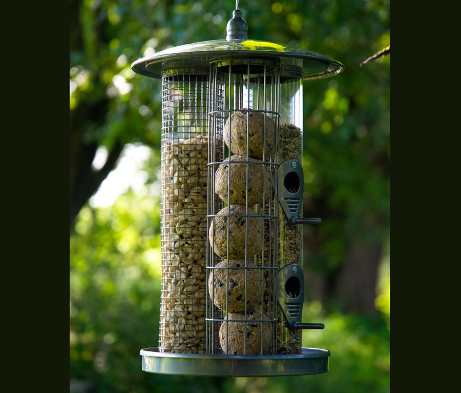 Ein hängender Dobar-3-Kammer-Futterspender gefüllt mit Vogelfutter und Meisenknödeln.