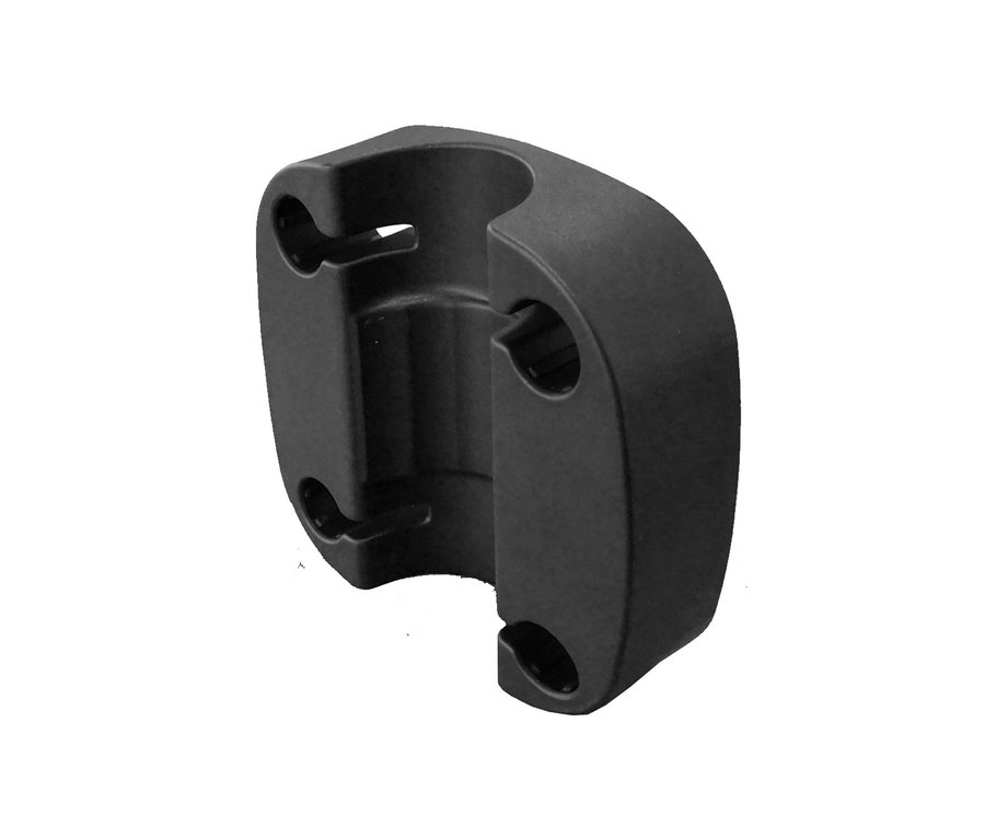 Nahaufnahme eines schwarzen Leco Balkon-Sonnenschirmhalters.