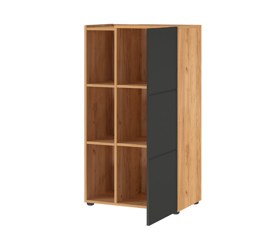 Geöffneter Holzaktenschrank »Olvera« mit acht Fächern und einer schwarzen Tür.