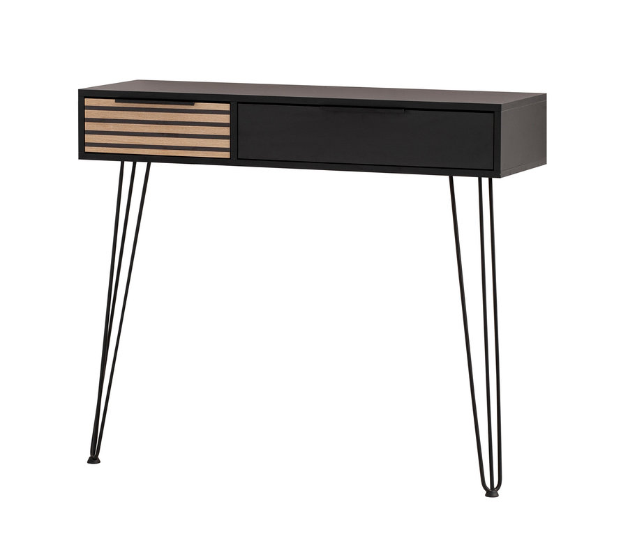 Schwarze Konsole »Hank« mit einer Schublade mit horizontalen Streifen, stehend auf vier Metallbeinen.