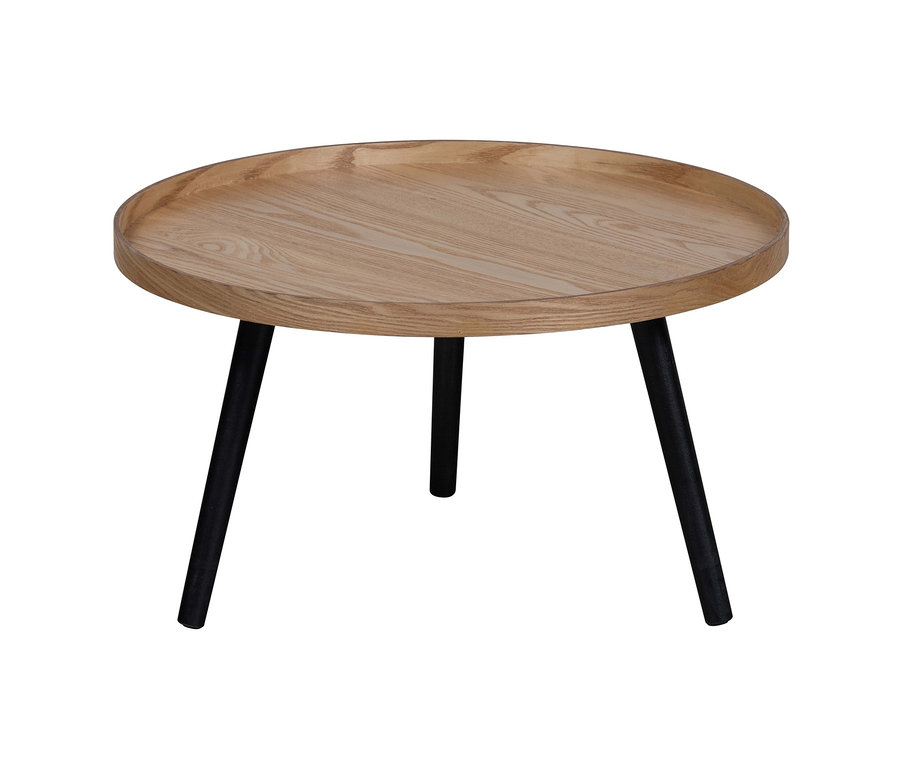 Detailansicht des naturfarbenen Woood Beistelltischs »Mesa L« aus Holz mit schwarzen Beinen.