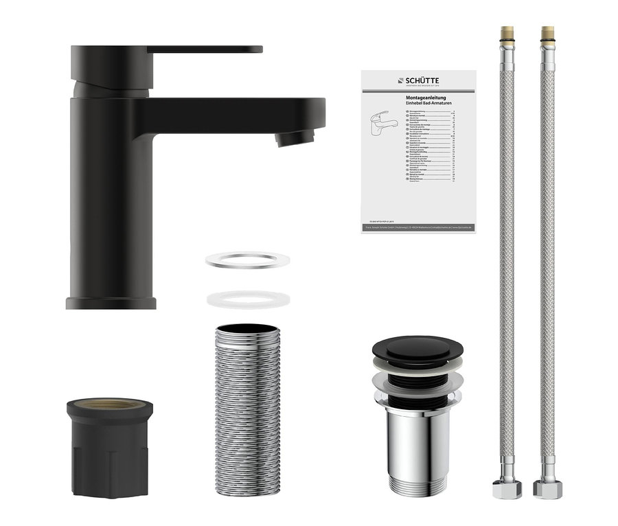 Schwarze Waschtischarmatur, Montageanleitung und Installationsmaterial auf weißem Hintergrund.