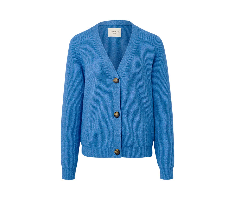 Blauer Grobstrick-Cardigan mit Knöpfen.