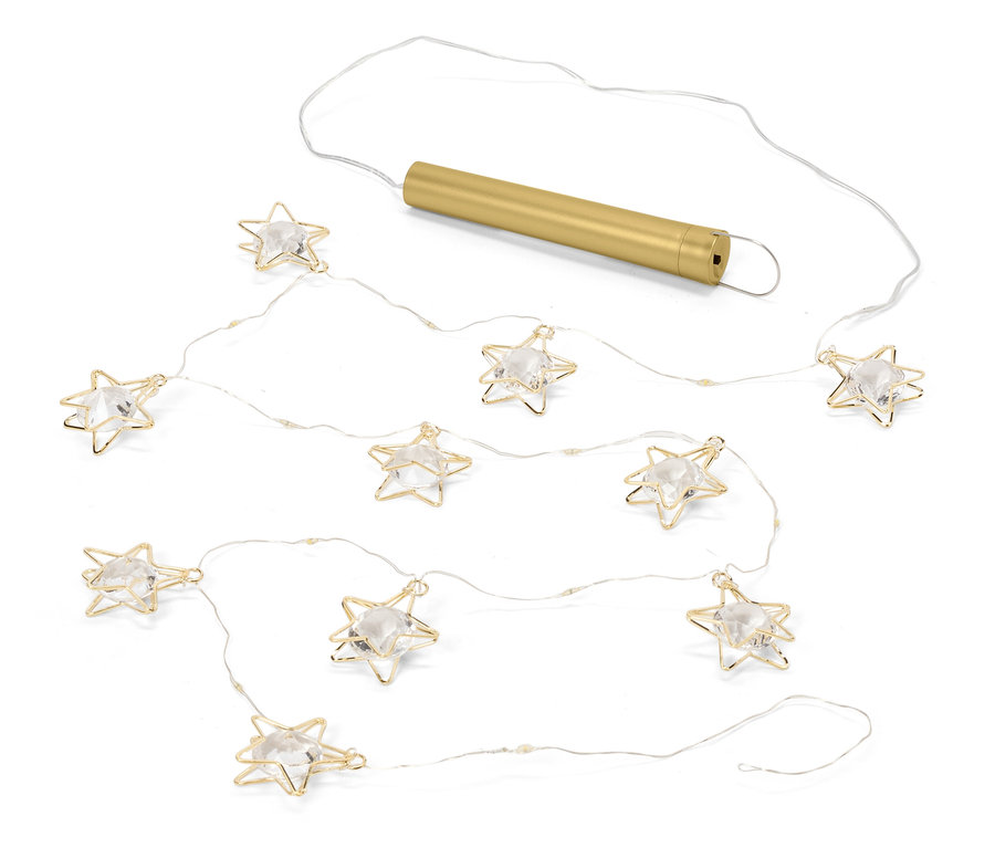 Lichterkette mit zehn Sternen mit goldenem Drahtrahmen und transparenten Steinen und einem goldenen Batteriefach.