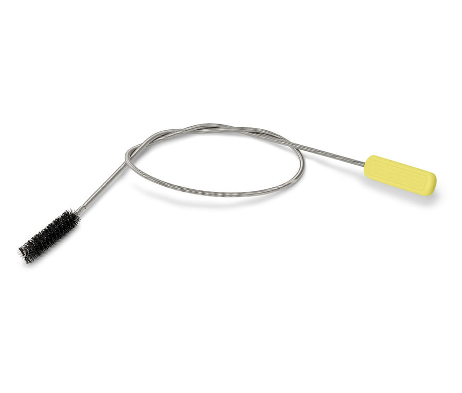 Flexible Reinigungsbürste mit gelbem Griff und schwarzem Bürstenkopf auf weißem Hintergrund.