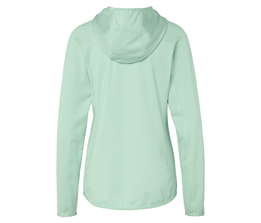 Rückansicht einer hellgrünen Kapuzenjacke.