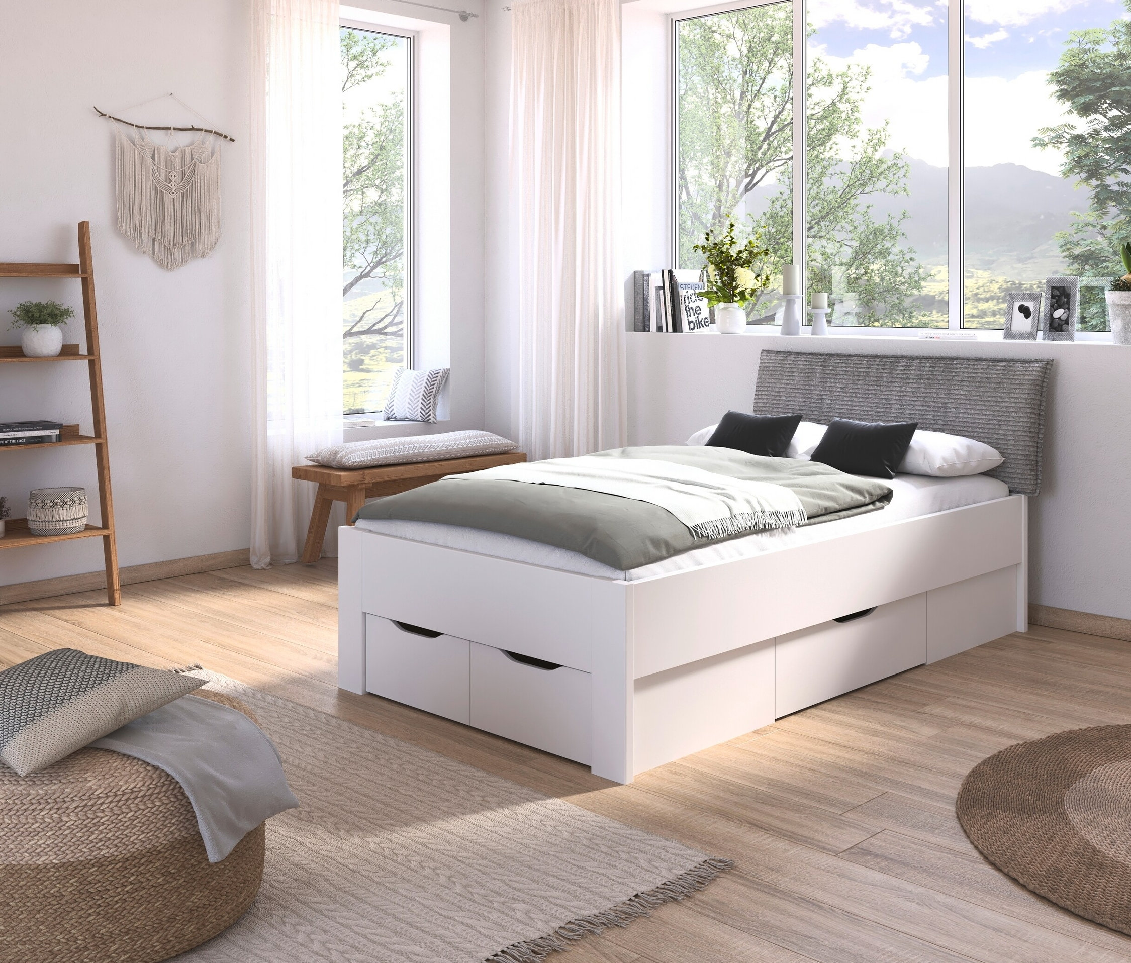 Zimmer mit weißem rauch Bett »Aditio Beds«, 120 cm mit Polsterkopfteil, zwei schwarzen Kissen und grauer Decke.