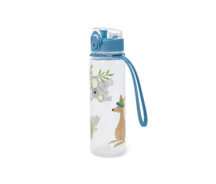 Eine durchsichtige Trinkflasche mit blauem Deckel und Koala- und Känguru-Abbildungen.