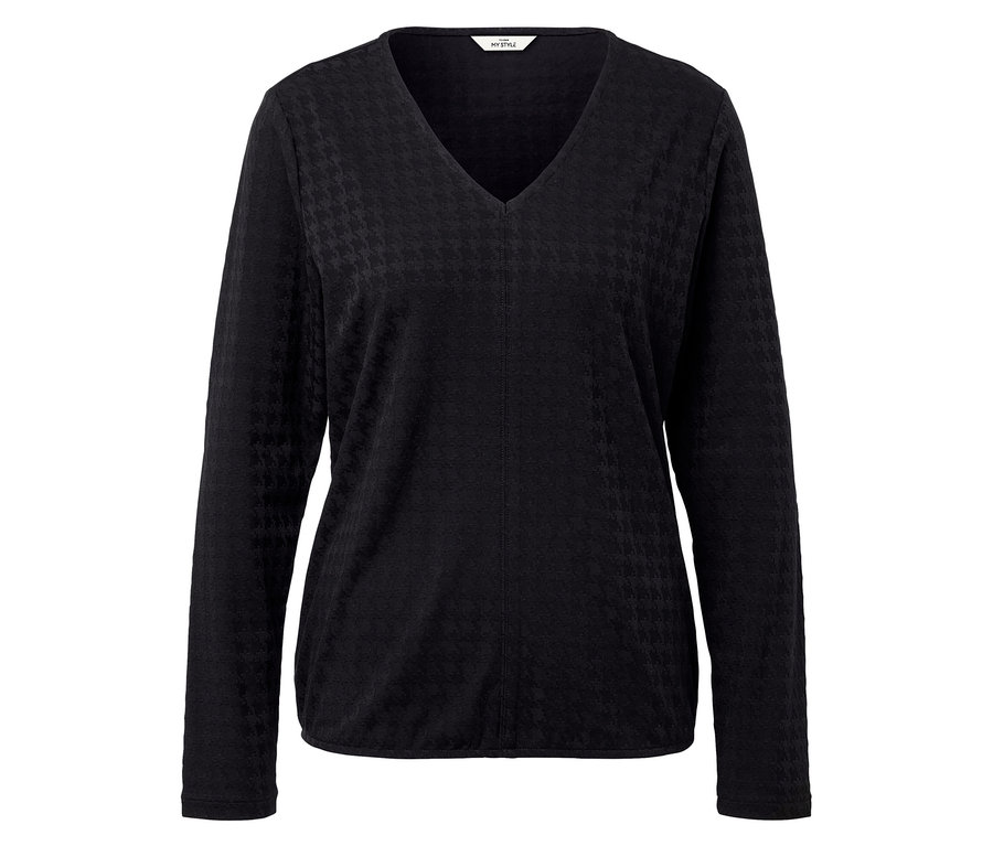 Schwarze Langarmbluse mit V-Ausschnitt.