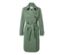 Ein hellgrüner Trenchcoat mit Gürtel und braunen Knöpfen.