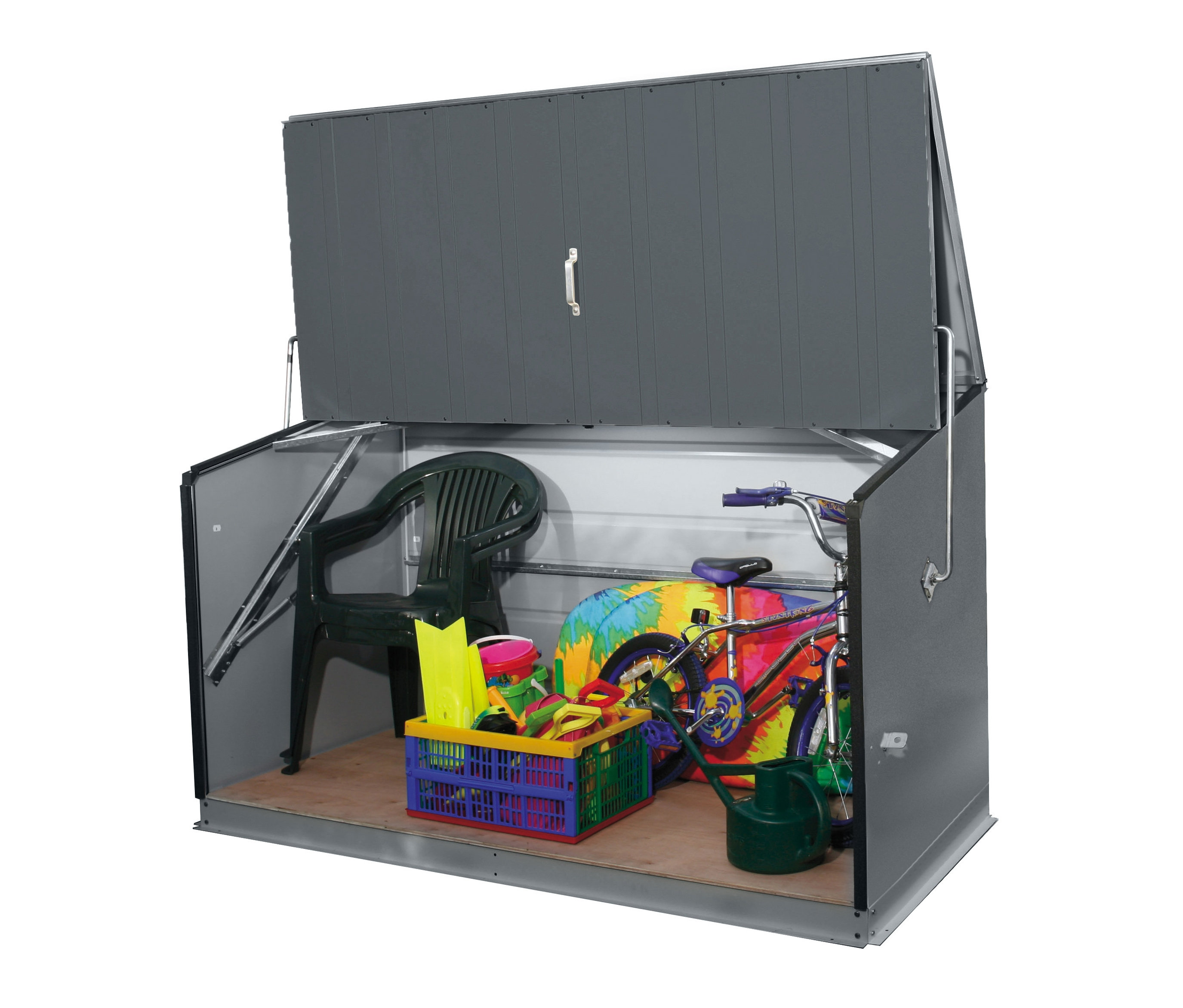 Offene Trimetals Gerätebox »Storeguard« mit Stuhl, Fahrrad, Spielzeug und Gießkanne darin.