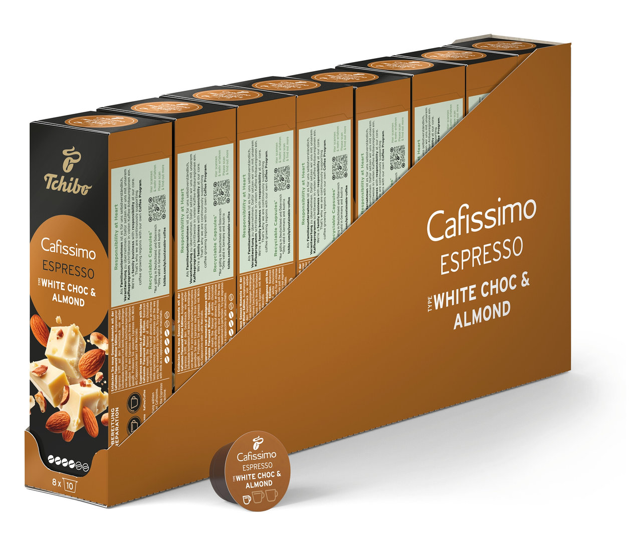 Eine Packung Cafissimo Flavoured Espresso - White Choc & Almond - 80 Kapseln.
