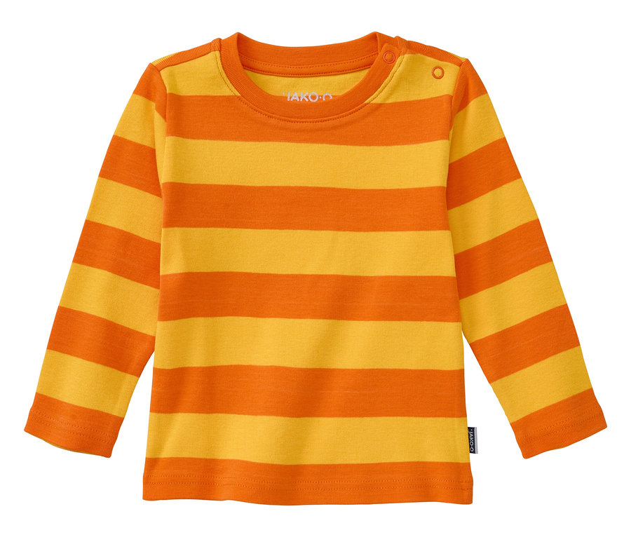 JAKO-O Streifenshirt, gelb-orange auf weißem Hintergrund.