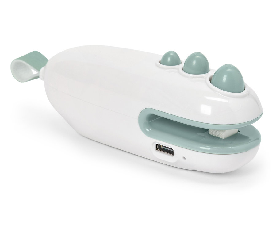 Nahaufnahme einer weißen und grünen elektrischen Nagelfeile.