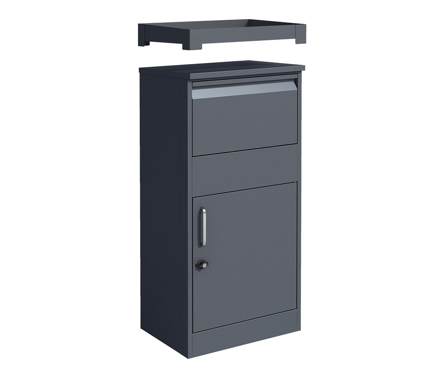 Graue Paketbox mit Blumenkastenaufsatz.