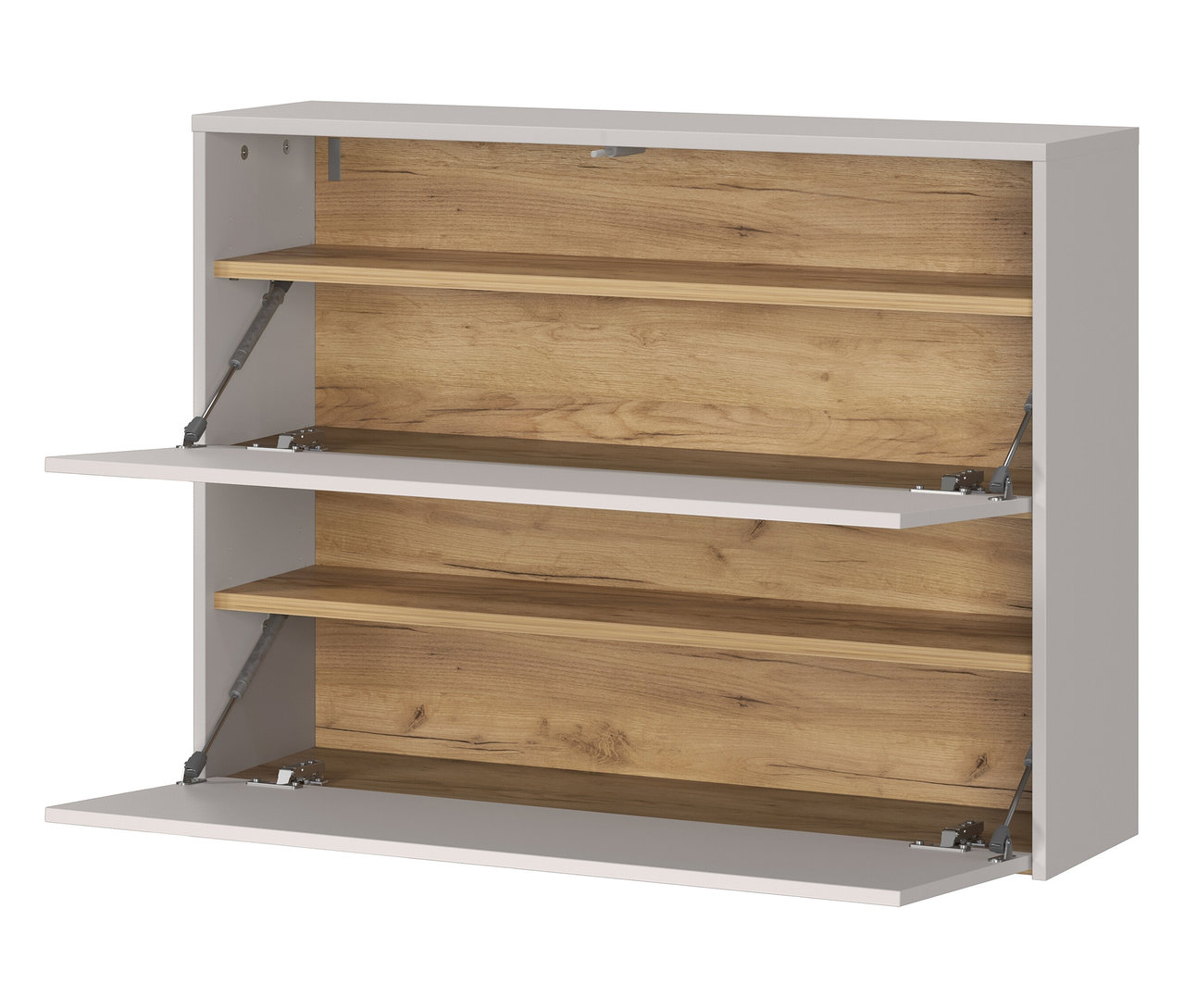 Weißer Schuhschrank mit zwei offenen Fächern und Holzimitat-Rückwand.