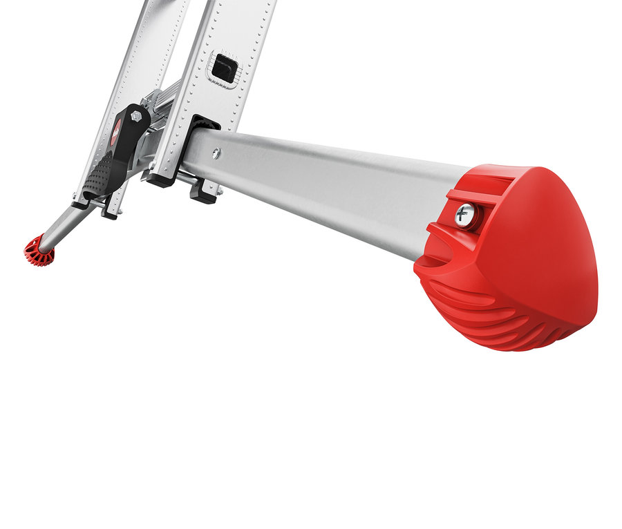 Nahaufnahme einer Aluminiumleiter mit roter Fußabdeckung.