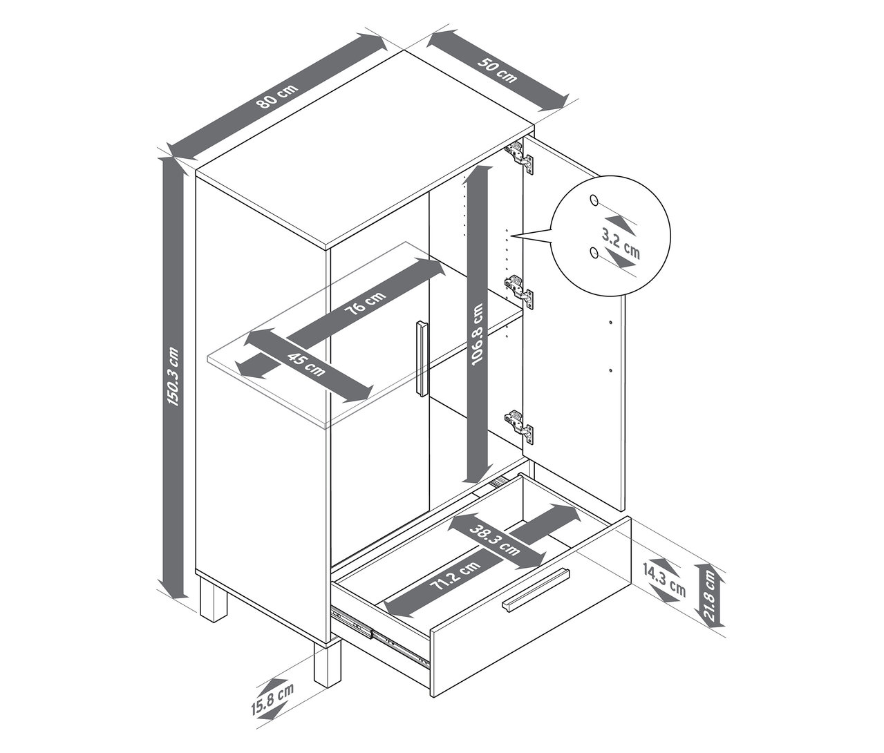 Technische Zeichnung des Kinderkleiderschranks »Leira« mit Maßangaben.