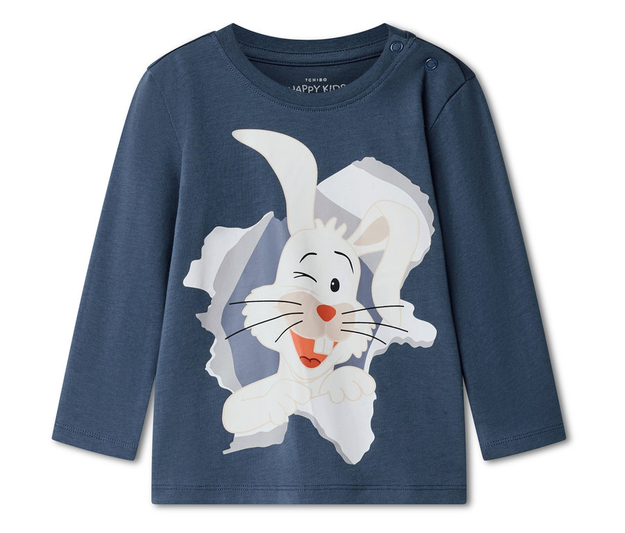 Blaues langärmliges T-Shirt mit einem witzigen weißen Hasenaufdruck.