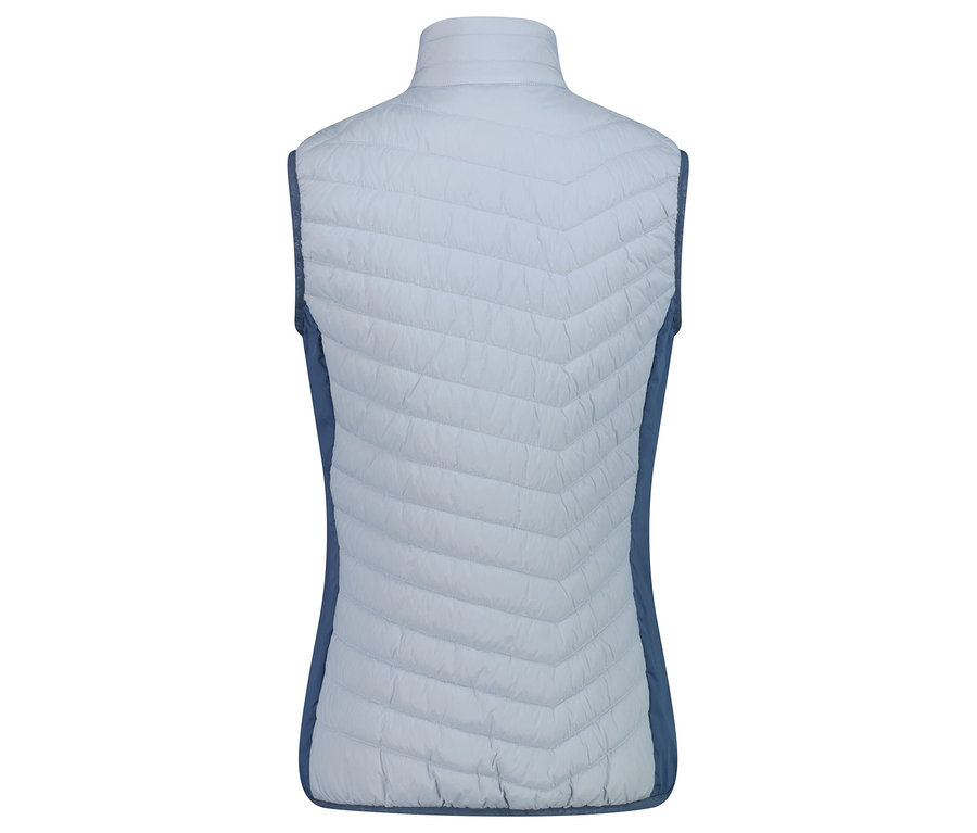 Rückansicht einer hellblauen, gesteppten Weste mit dunkelblauen Seiten.