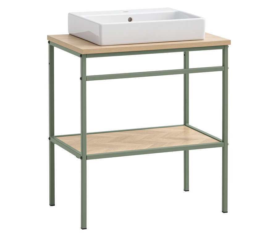 Ein rechteckiges, weißes Waschbecken auf einem Waschtisch mit hellbrauner Platte und Ablagefläche mit Fischgrätenmuster, umrahmt von einem grünen Metallgestell.