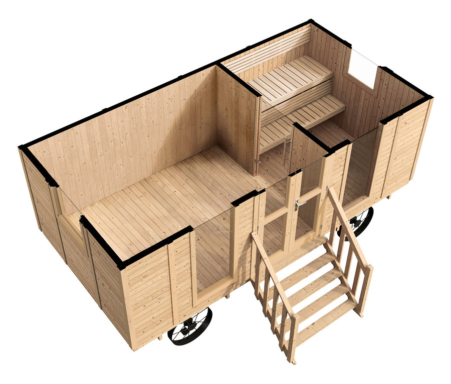 Draufsicht eines hölzernen Saunawagens mit offenem Bereich und Sauna mit Bänken.