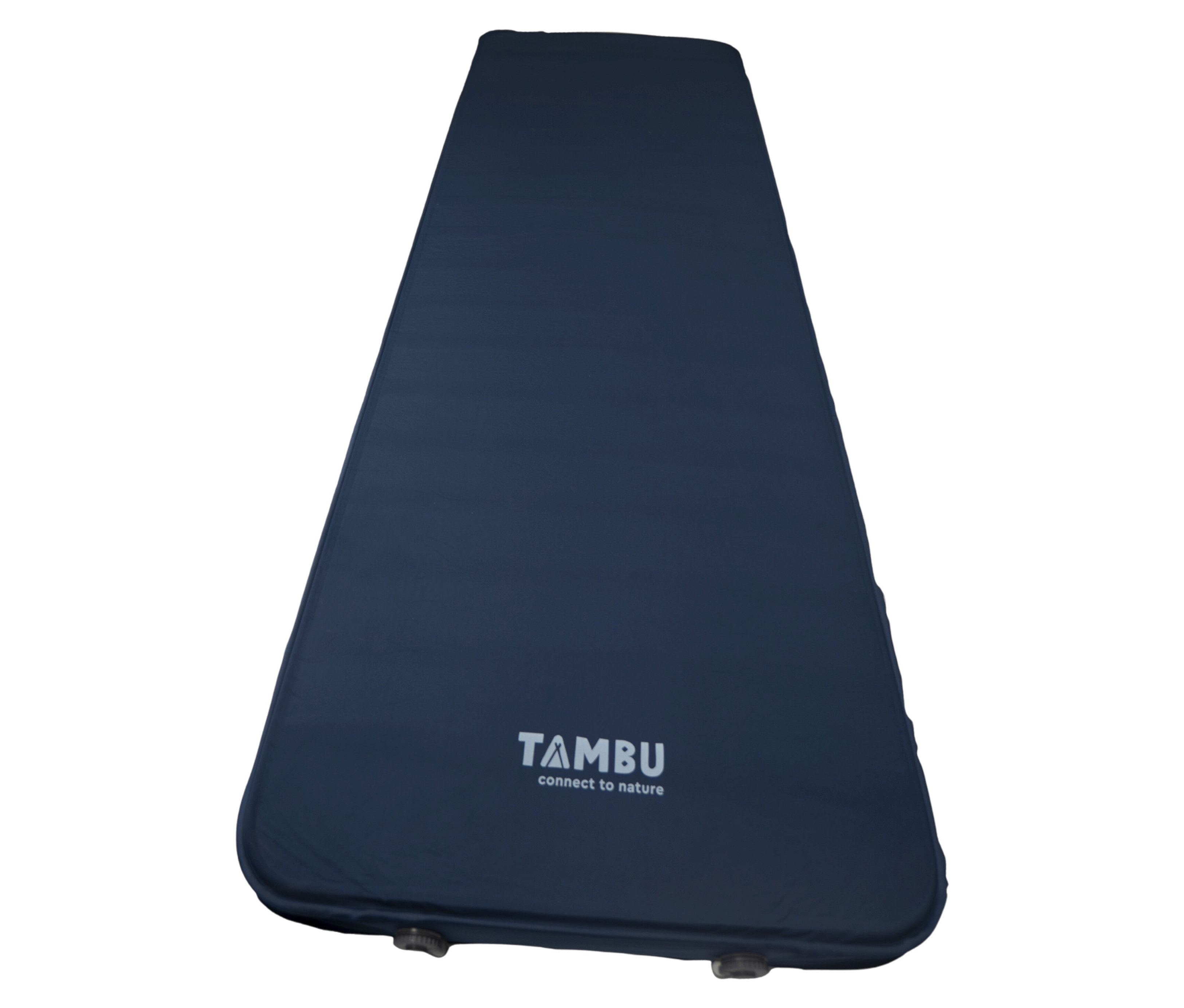 Die blaue Tambu Isomatte »NALA Comfort« liegt flach auf dem Boden und ist längs ausgerollt.